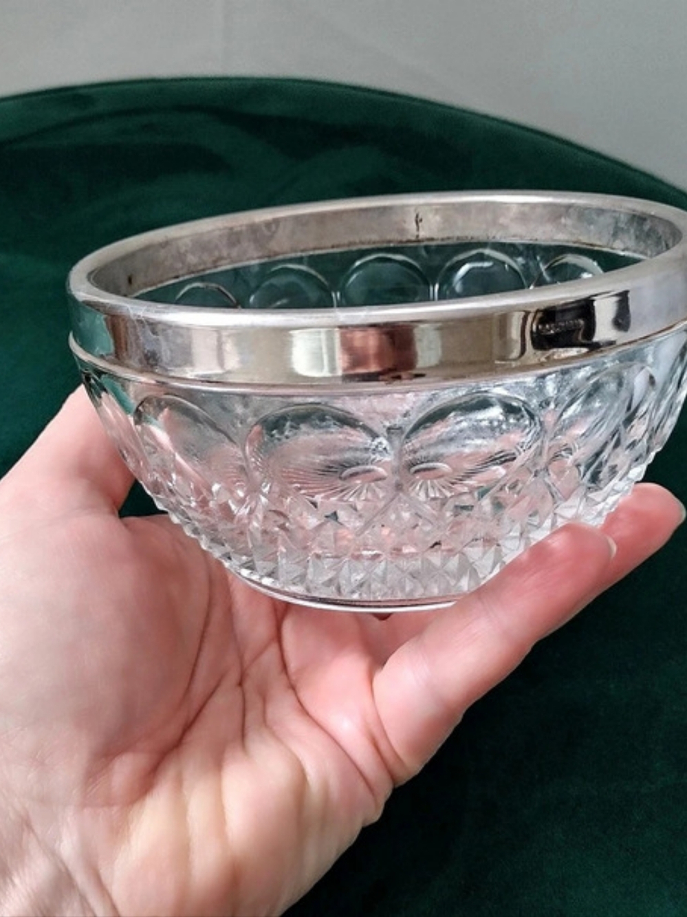 Vintage glass bowl with metal Electro-plated Steel rim